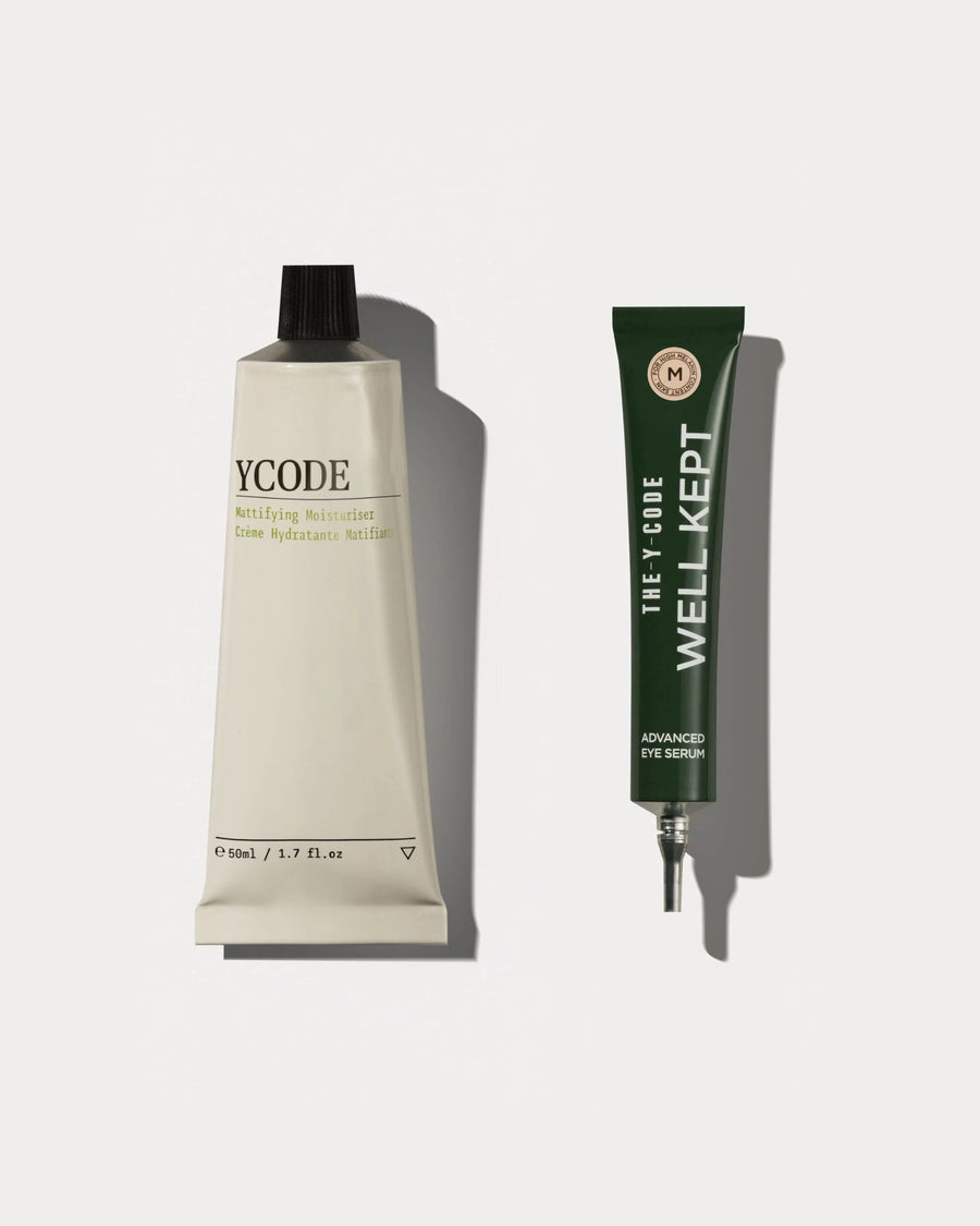 The YCODE Starter Kit for men, Mattifying Moisturiser and Advanced Eye Serum on a beige background
