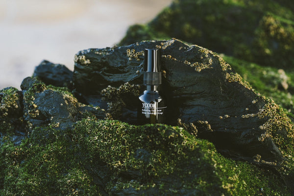 The YCODE Hydrating Face Serum standing on a barnacled rock covered in green algae, the sea behind it